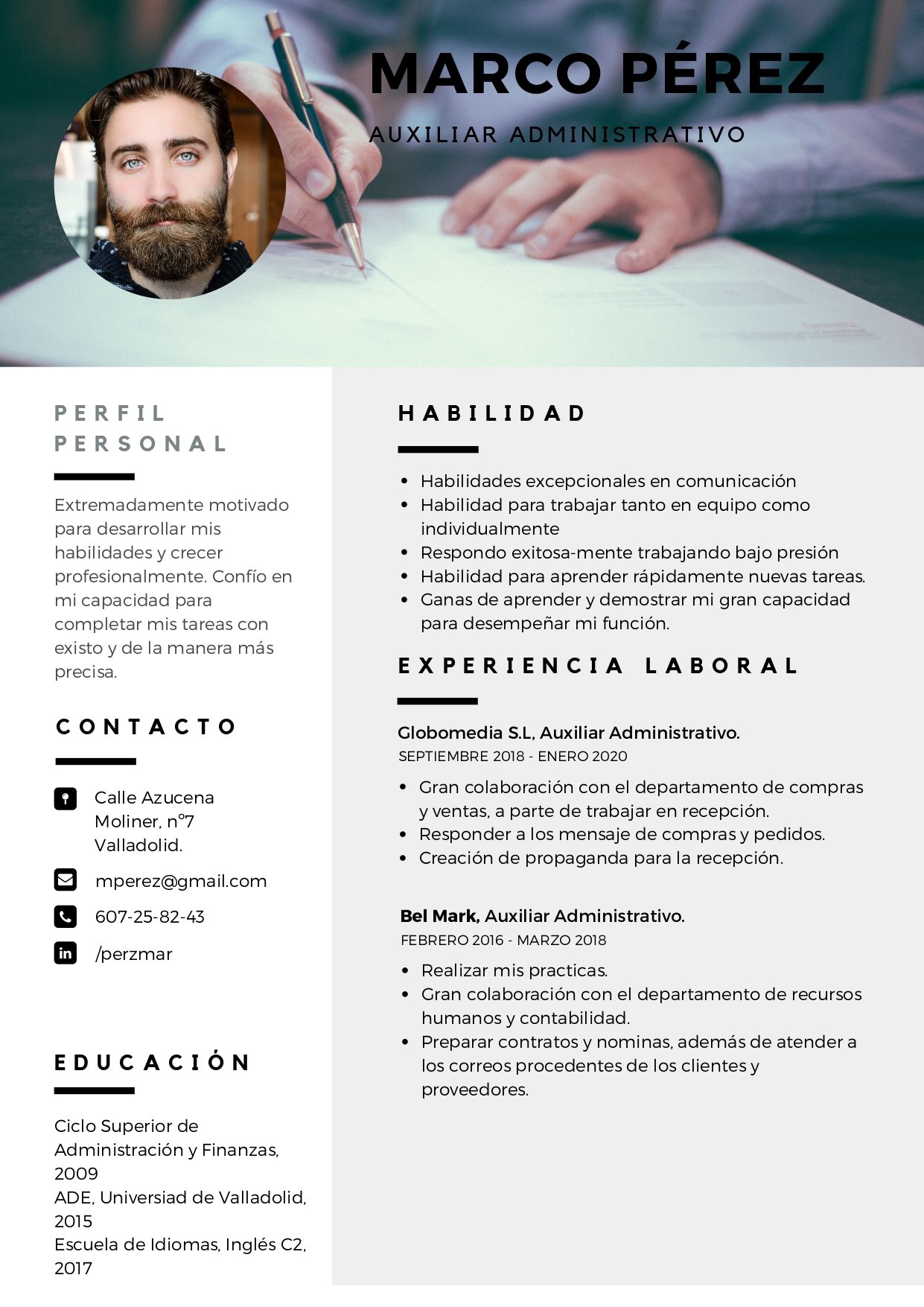 Ejemplo de CV recibido para comentar