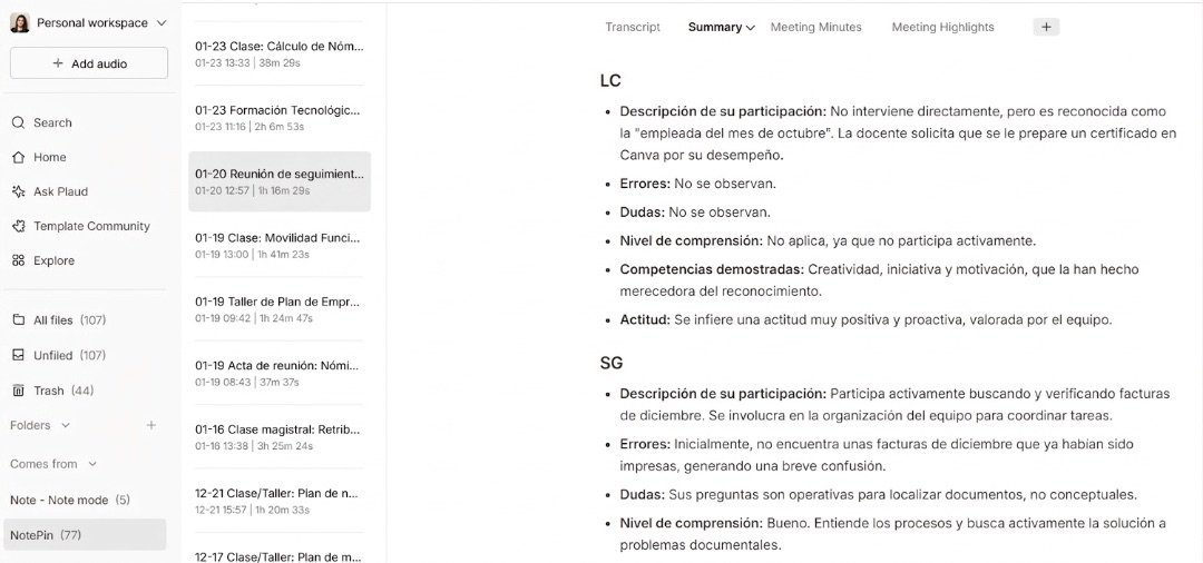 Ejemplo de resumen generado por Plaud