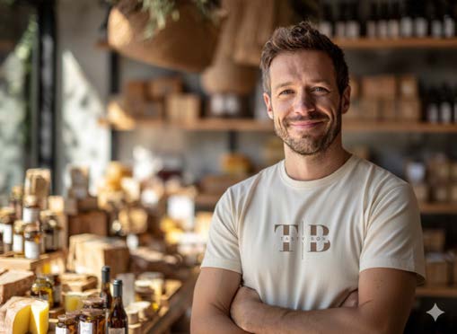 Empleado ficticio de Tasty Box creado con IA, con una camiseta corporativa en una tienda gourmet