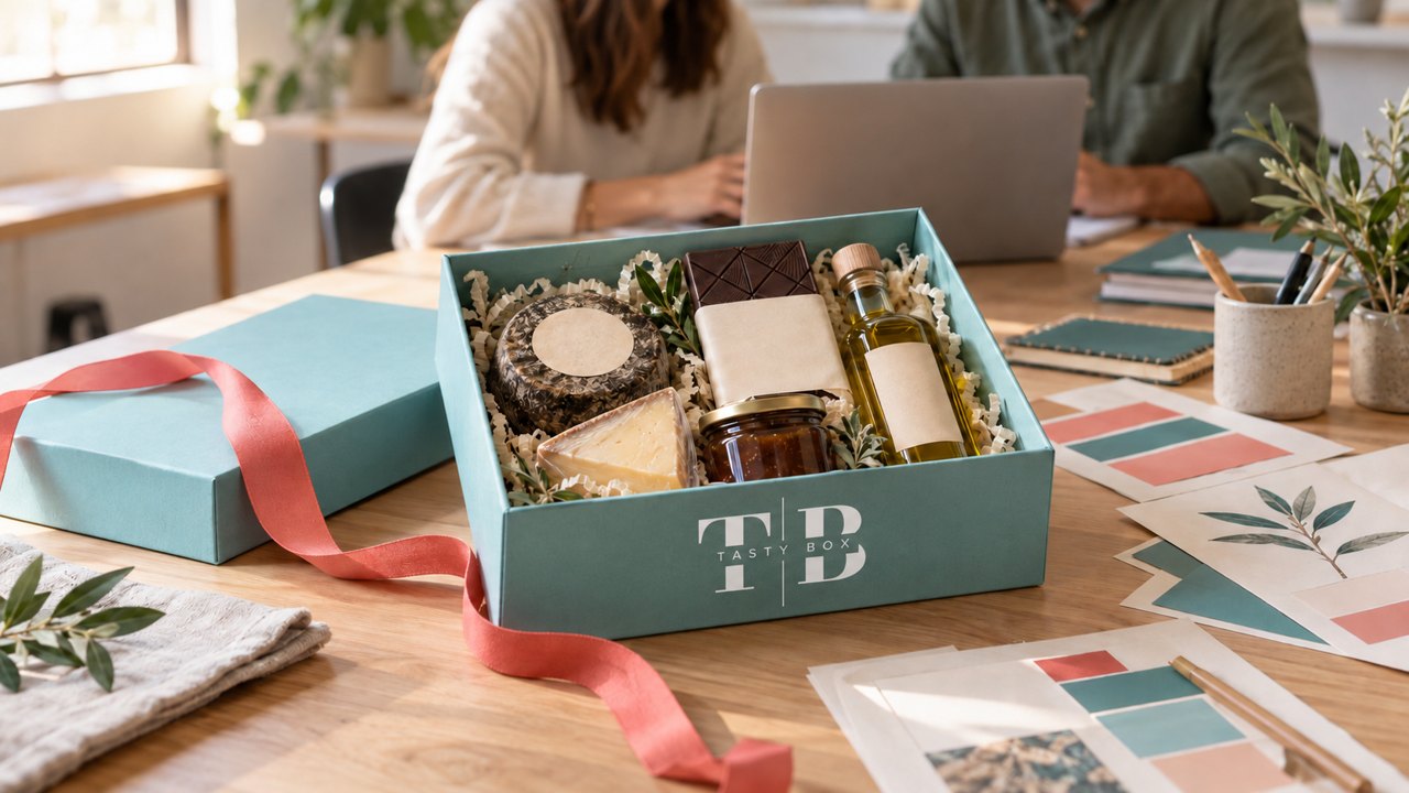 Caja gourmet turquesa con el logotipo blanco de Tasty Box, una cinta coral y un entorno de trabajo al fondo